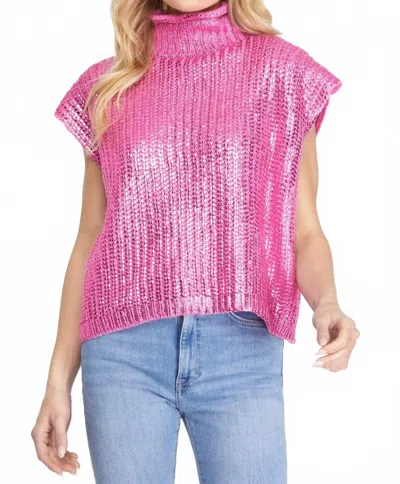 She + Sky Metallic Foil Sleeveless Turtleneck Sweater Top In Candy Pink In Pink