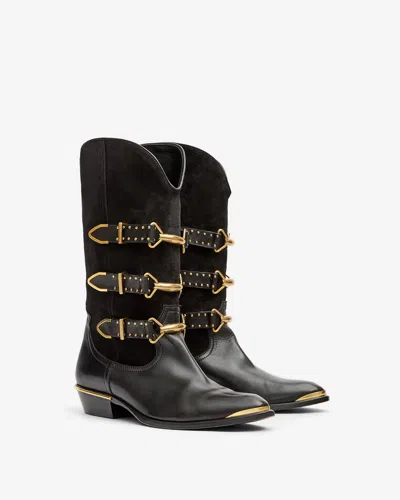 Isabel Marant Decorative Buckle Mid-calf Leather Boots In Black