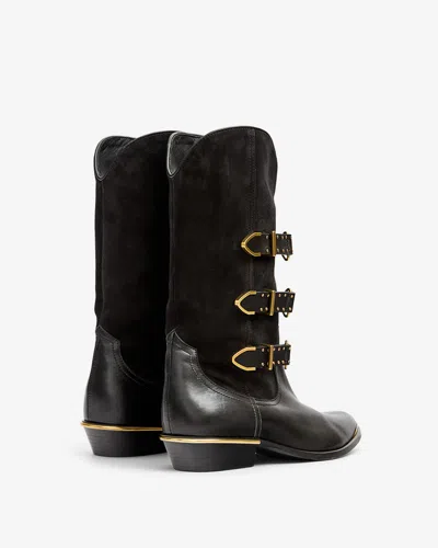 Isabel Marant Decorative Buckle Mid-calf Leather Boots In Black