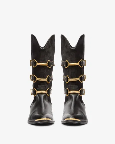 Isabel Marant Decorative Buckle Mid-calf Leather Boots In Black