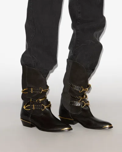 Isabel Marant Decorative Buckle Mid-calf Leather Boots In Black