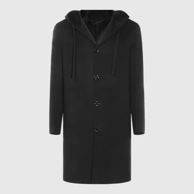 Lardini Hooded Button-down Coat In Black