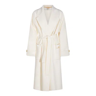 Elisabetta Franchi Long White Milk Wool Coat With Belt In Neutral