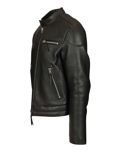 Tom Ford Fitted Black Leather Jacket With Stand Collar And Zippered Cuffs In Black