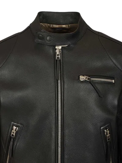 Tom Ford Fitted Black Leather Jacket With Stand Collar And Zippered Cuffs In Black