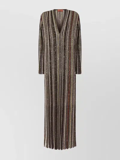 Missoni Long Dress With V-neck And Herringbone Stripe Knit In Multi