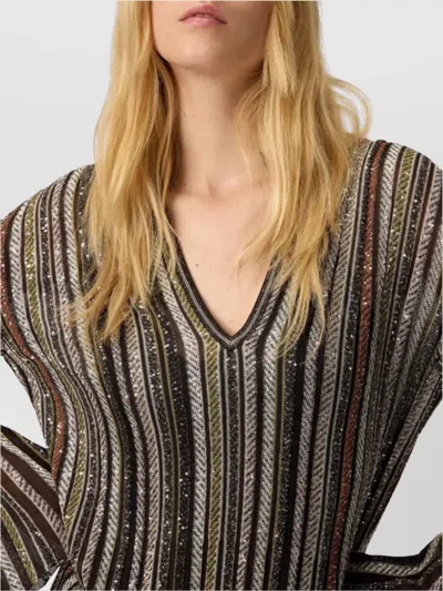 Missoni Long Dress With V-neck And Herringbone Stripe Knit In Multi