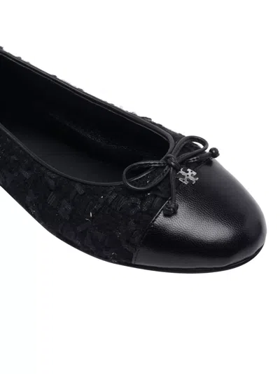 Tory Burch Round Toe Ballerina Shoes With Bow Detail In Black