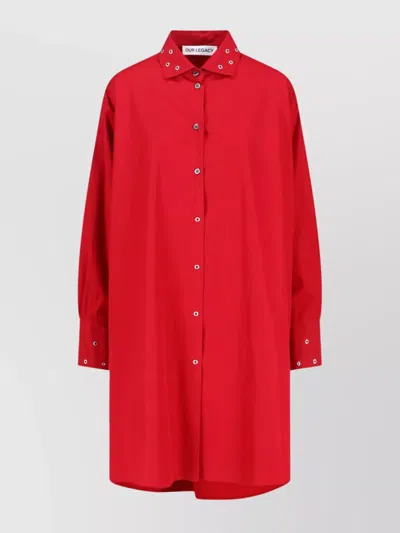 Our Legacy Long Sleeve Knee Length Dress With Eyelet Design In Red