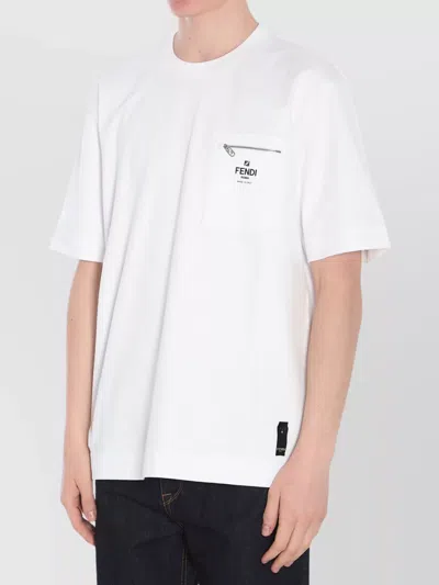 Fendi Men White Crewneck T-shirt With Log Print On The Front In Cotton Man