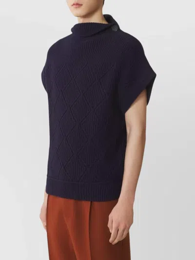 Lanvin High Neck Short Sleeve Knit Sweater In Blue