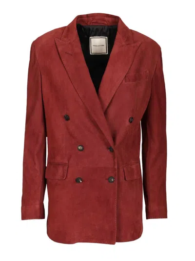 Tagliatore Josie Double Breasted Black Leather Jacket Coats Bordeaux In Burgundy