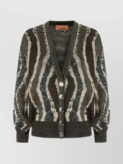 Missoni Womens Brown Tones Stripes Metallic V-neck Knitted Cardigan In Green
