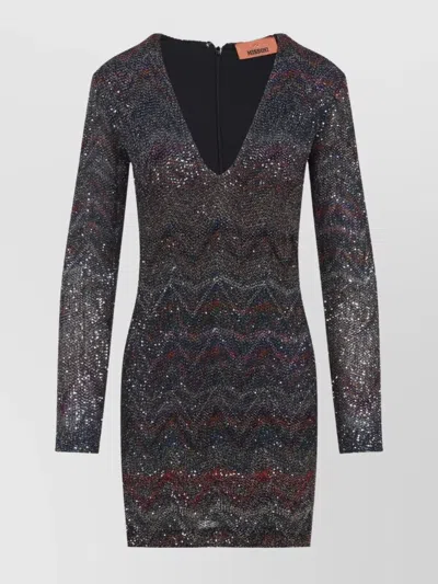 Missoni Zigzag Sequined Dress With Deep V-neckline In Brown