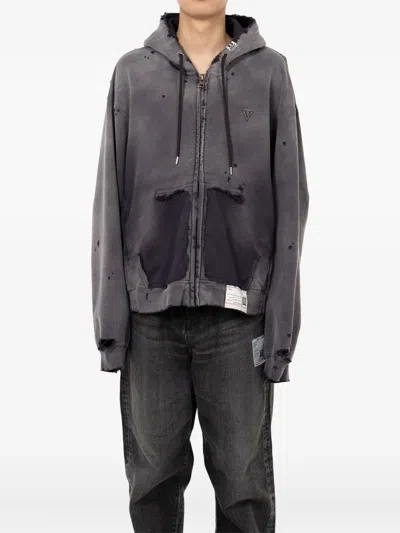Miharayasuhiro Hooded Sweatshirt With Distressed Finish And Front Pockets In Black