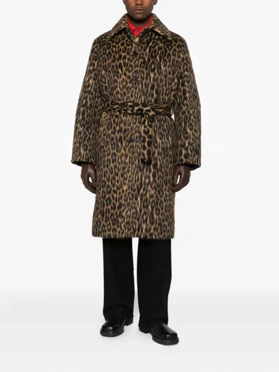 Lanvin Long Animal Print Coat With Belted Waist In Brown