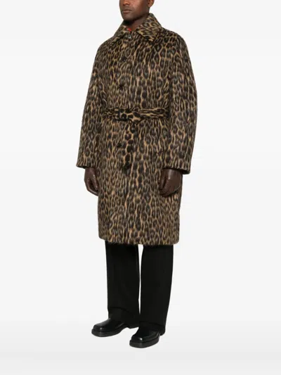 Lanvin Long Animal Print Coat With Belted Waist In Brown