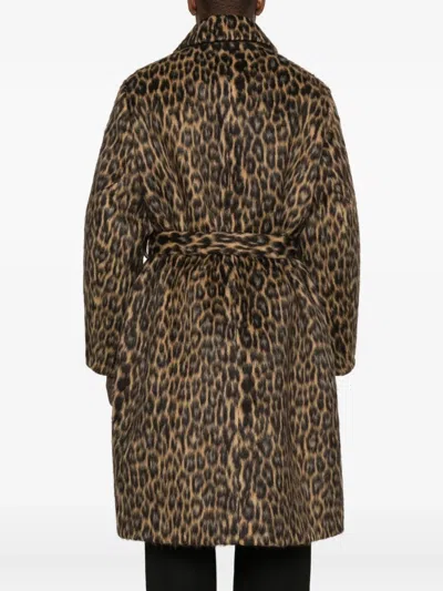 Lanvin Long Animal Print Coat With Belted Waist In Brown