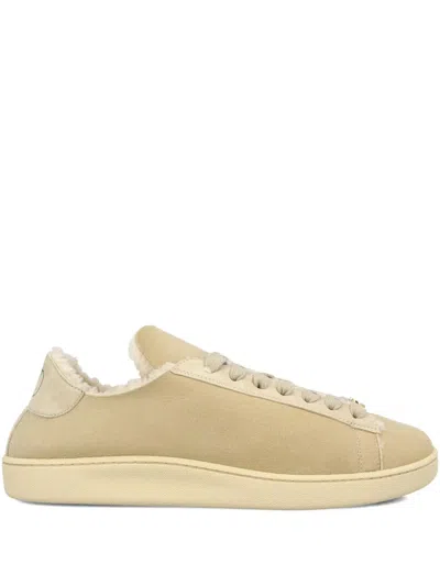 Valentino Royco Shearling Round Toe Flat Sole Sneakers In Neutral