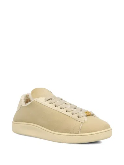Valentino Royco Shearling Round Toe Flat Sole Sneakers In Neutral