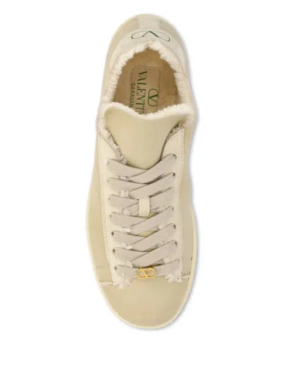 Valentino Royco Shearling Round Toe Flat Sole Sneakers In Neutral