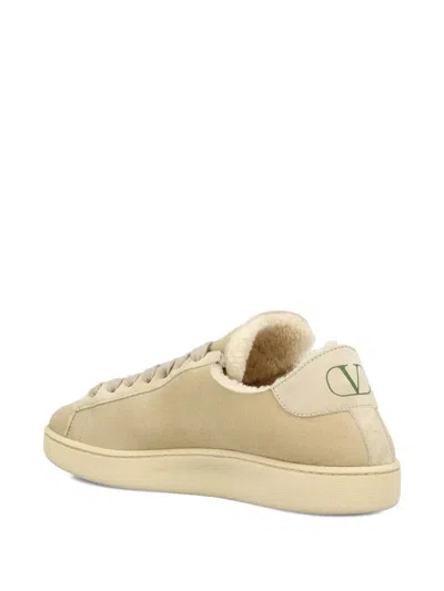 Valentino Royco Shearling Round Toe Flat Sole Sneakers In Neutral