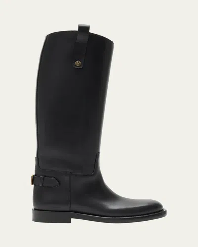 Burberry Women Black Boots With Side Logo Plaque In Leather Woman In Black