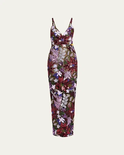 Bronx And Banco Allegra Sequin Floral-embroidered Column Gown In Multi