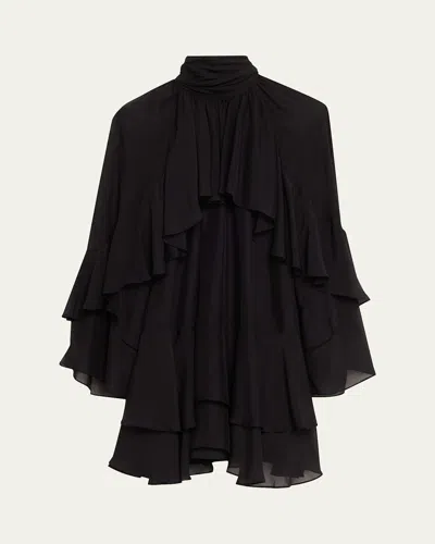 Veronica Beard Adlington Ruffle Detail Long Sleeve Silk Chiffon Dress In Black