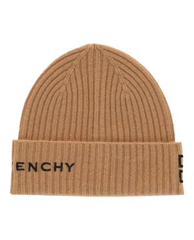 Pre-owned Givenchy Men's  Ribbed 4g Wool Blend Beanie In Desert Black