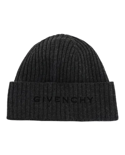 Pre-owned Givenchy Men's  Ribbed 4g Wool Blend Beanie In Grey Black