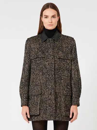 Max Mara Herringbone Pattern Wool Jacket With Leather Collar In Black