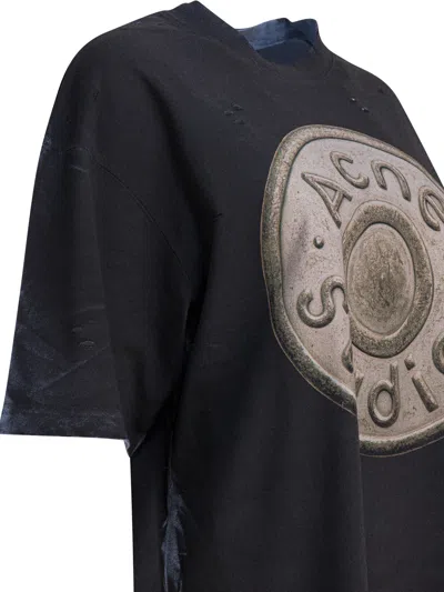 Acne Studios Distressed Black Short-sleeve T-shirt With Embossed Logo In Animal Print