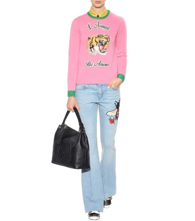 Shop Gucci Flared Jeans With Embroidered Appliqué In Light Llue