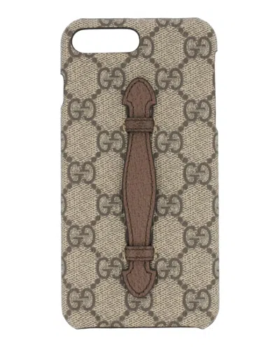 Pre-owned Gucci Men's  Gg Supreme Selleria Iphone 8 Plus Case In Beige Ebony New Maple