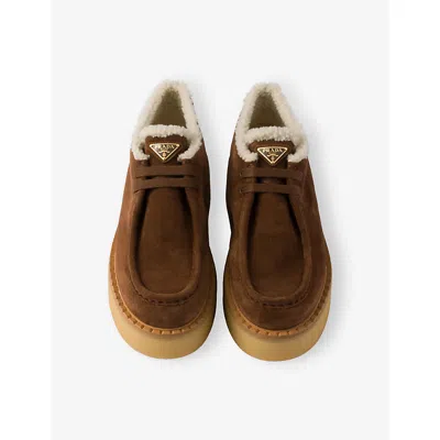 Prada Suede Chukka Boots With Shearling Lining And Rubber Flatform Sole In Brown