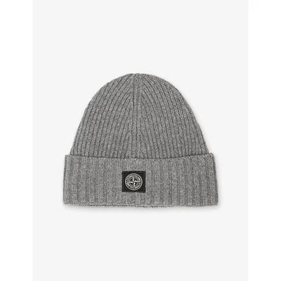 Stone Island Dark Gray Ribbed Compass-patch Knitted Beanie Hat In Gray