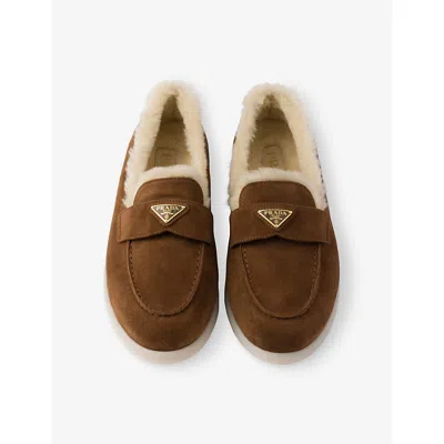 Prada Suede And Sheepskin Loafers In Brown