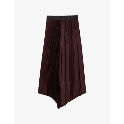 Allsaints Womens Oxblood Red Jax Pleated Satin Midi Skirt In Animal Print