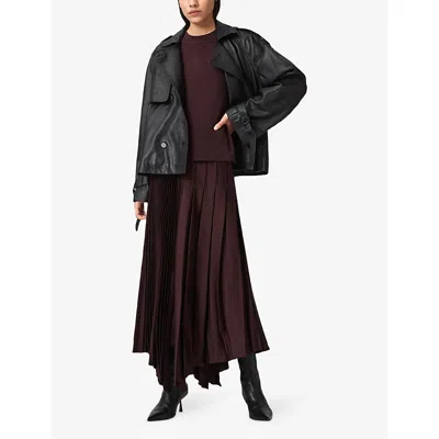 Allsaints Womens Oxblood Red Jax Pleated Satin Midi Skirt In Animal Print