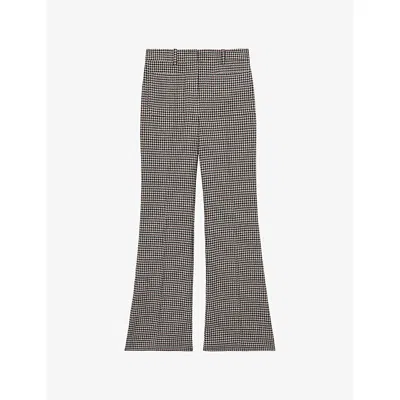 Reiss Womens Navy Neutral Check Evie Checked Flared-leg High-rise Cotton And Linen-blend Trousers In Gray