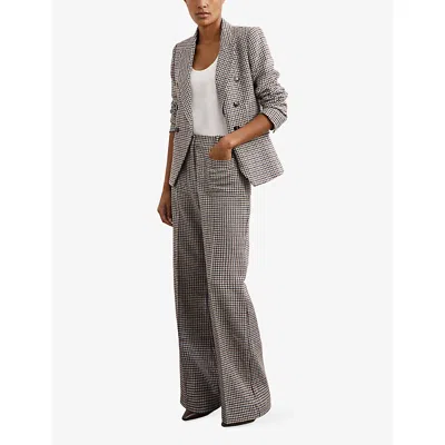 Reiss Womens Navy Neutral Check Evie Checked Flared-leg High-rise Cotton And Linen-blend Trousers In Gray