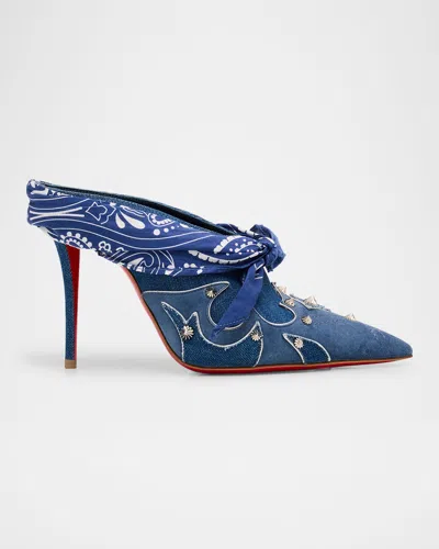 Christian Louboutin Mulatiag Denim And Suede Bandana Red Sole Mule Pumps In Animal Print
