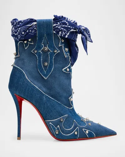 Christian Louboutin Bootyiag Denim And Suede Bandana Red-sole Western Booties In Animal Print