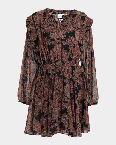 Misa Studded Flora Lilly Long-sleeve Mini Dress In Brown
