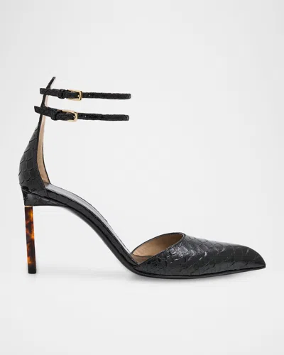Tom Ford Python Stamped Leather Double Ankle Strap Pumps In Black