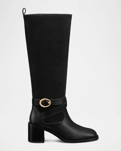 Stuart Weitzman Benni Mixed Leather Riding Boots In Black