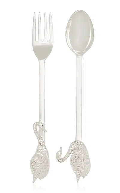 Moda Domus Swan Silver-plated Serving Spoon And Fork In Silver