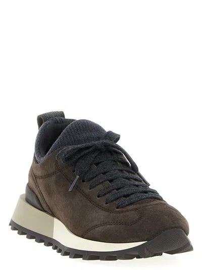 Brunello Cucinelli Suede Flannel Microsole Runner Sneakers With Monili Pull Tab In Animal Print