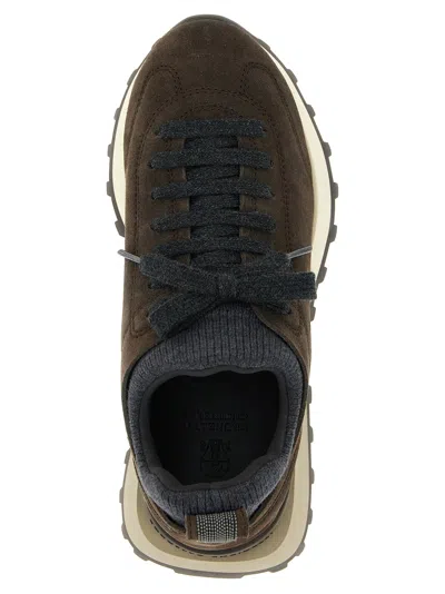 Brunello Cucinelli Suede Flannel Microsole Runner Sneakers With Monili Pull Tab In Animal Print